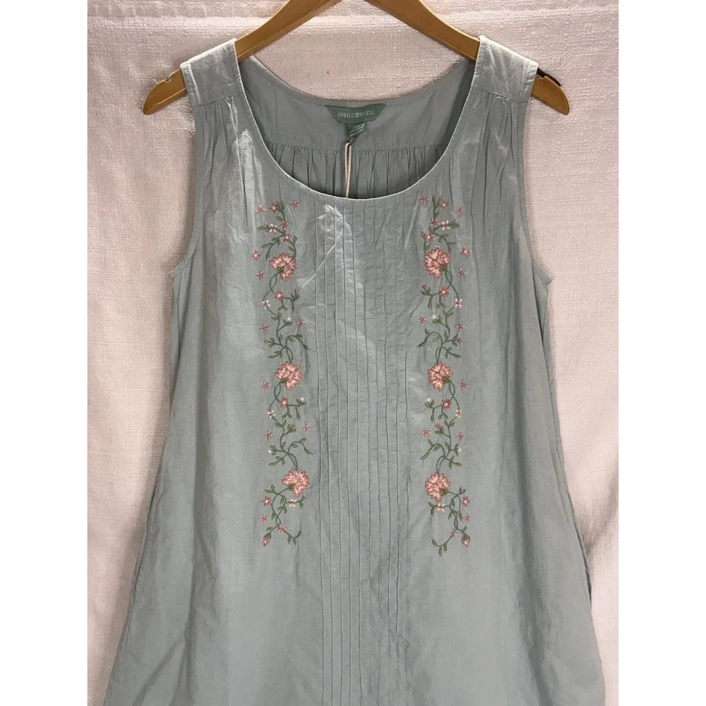 April Cornell NWT Blue Embroidered Floral Tank Midi Dress Cotton Sz XXS FLAW - Picture 4 of 13